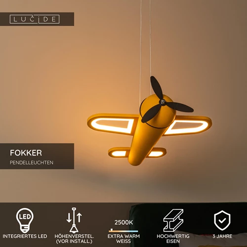 Lucide FOKKER - Pendelleuchten Kinderzimmer - LED - 1x28W 2500K - Gelb - USP